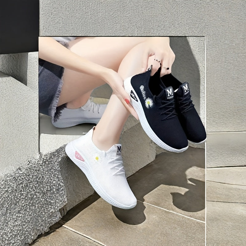 Women’s Breathable Fabric Sneakers with EVA Sole Black and White Lightweight Walking Shoes