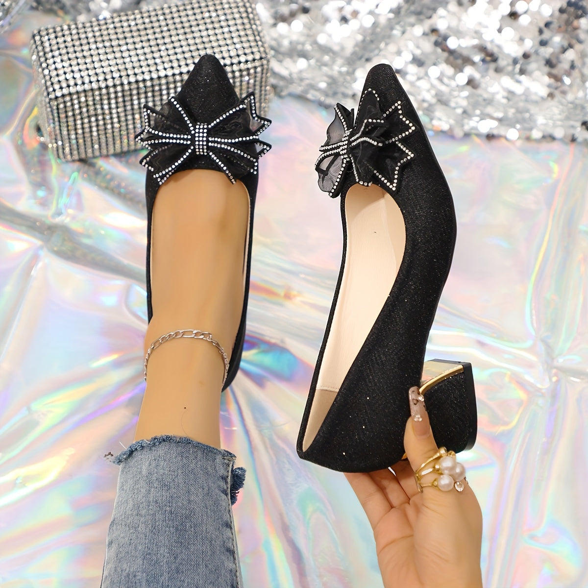 Women's Black Pointed Toe Pumps with Rhinestone Bow for Weddings and Parties