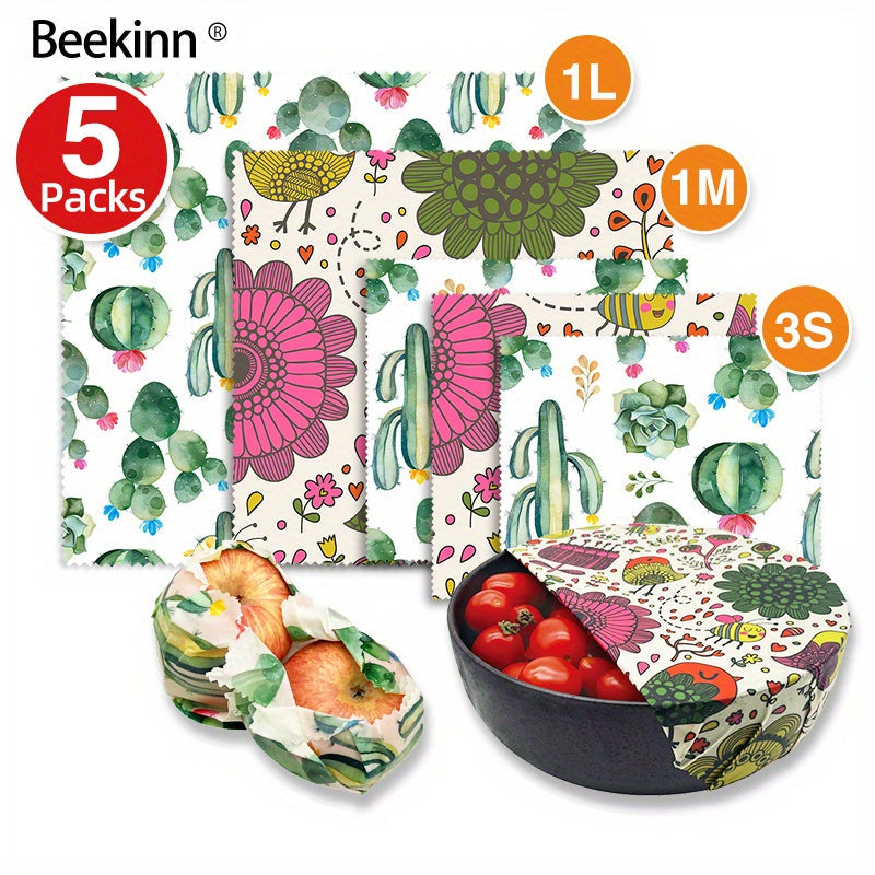 Juego de 5 envoltorios de cera de abeja ecológicos para alimentos, queso, fruta, pan, snacks