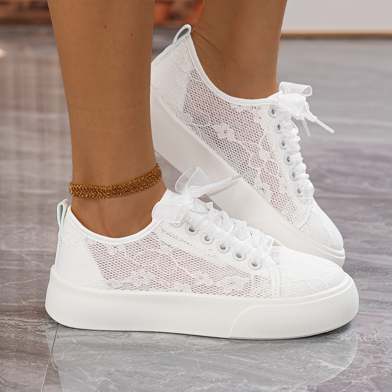 Women's Breathable White Sneakers, Lace-Up Casual Shoes for All-Season Comfort