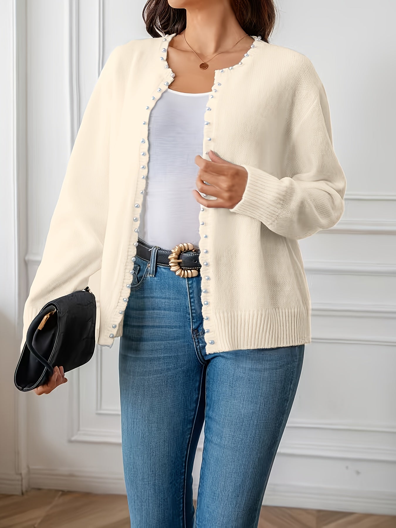 Women's Oversized Cozy Knit Cardigan with White Trim Navy Blue Winter Layering