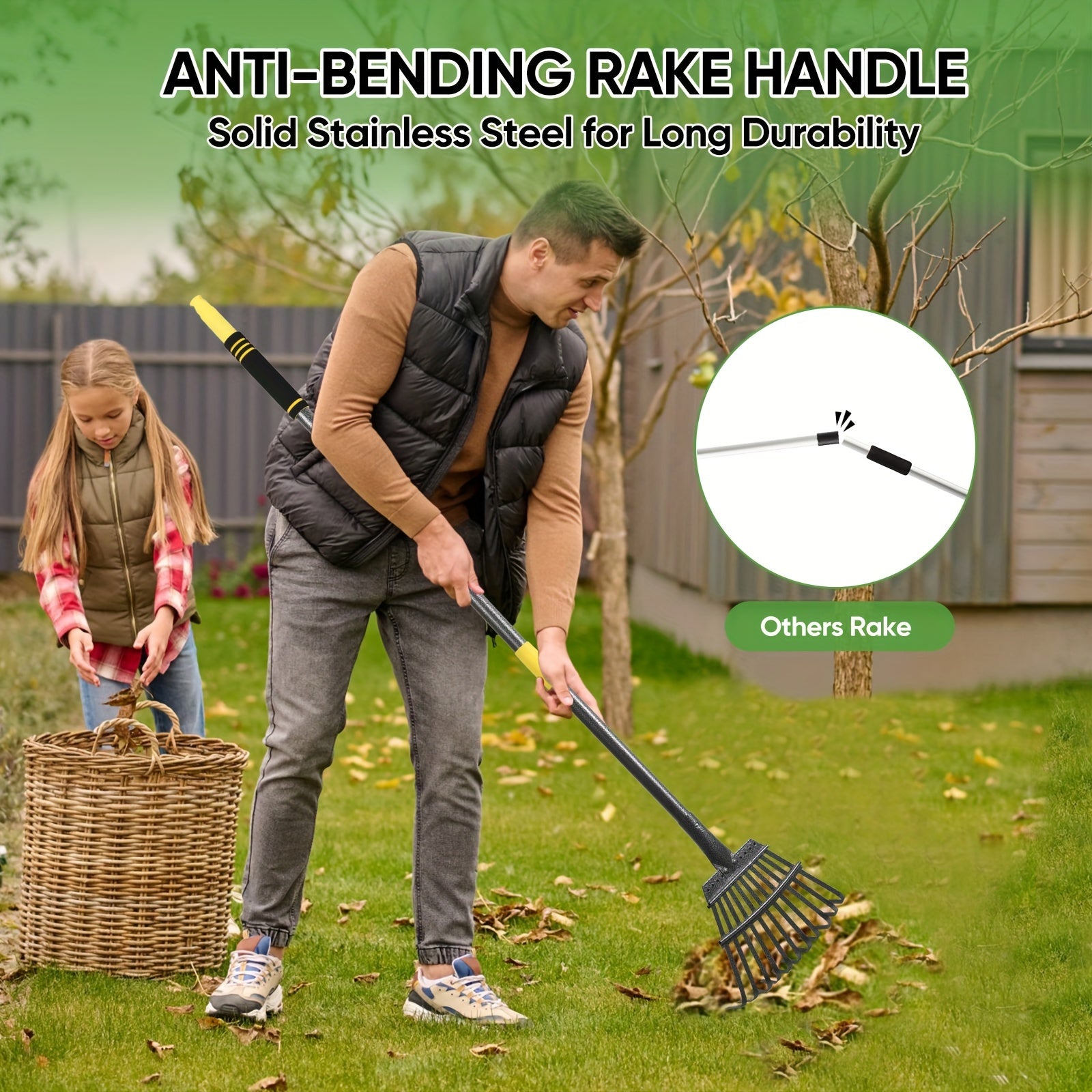Heavy Duty Garden Leaf Rake 182.88cm with 11 Metal Tines Adjustable Steel Handle