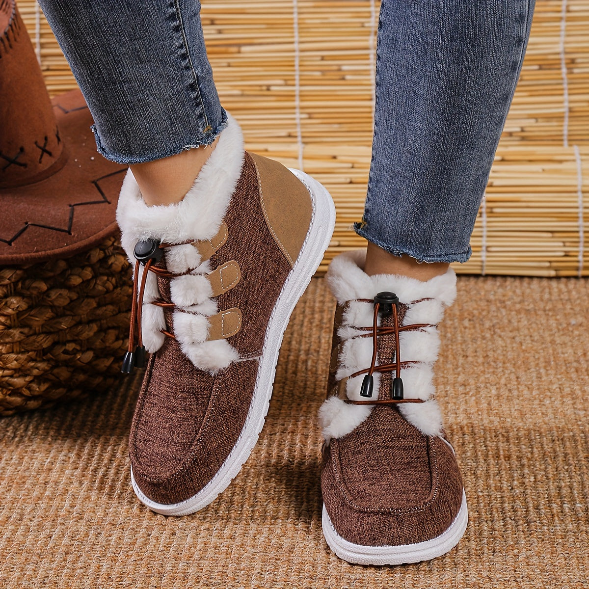 Women's Winter Slip-On Shoes Faux Fur Lined Beige Fabric Black Drawstrings Round Toe TPU Sole