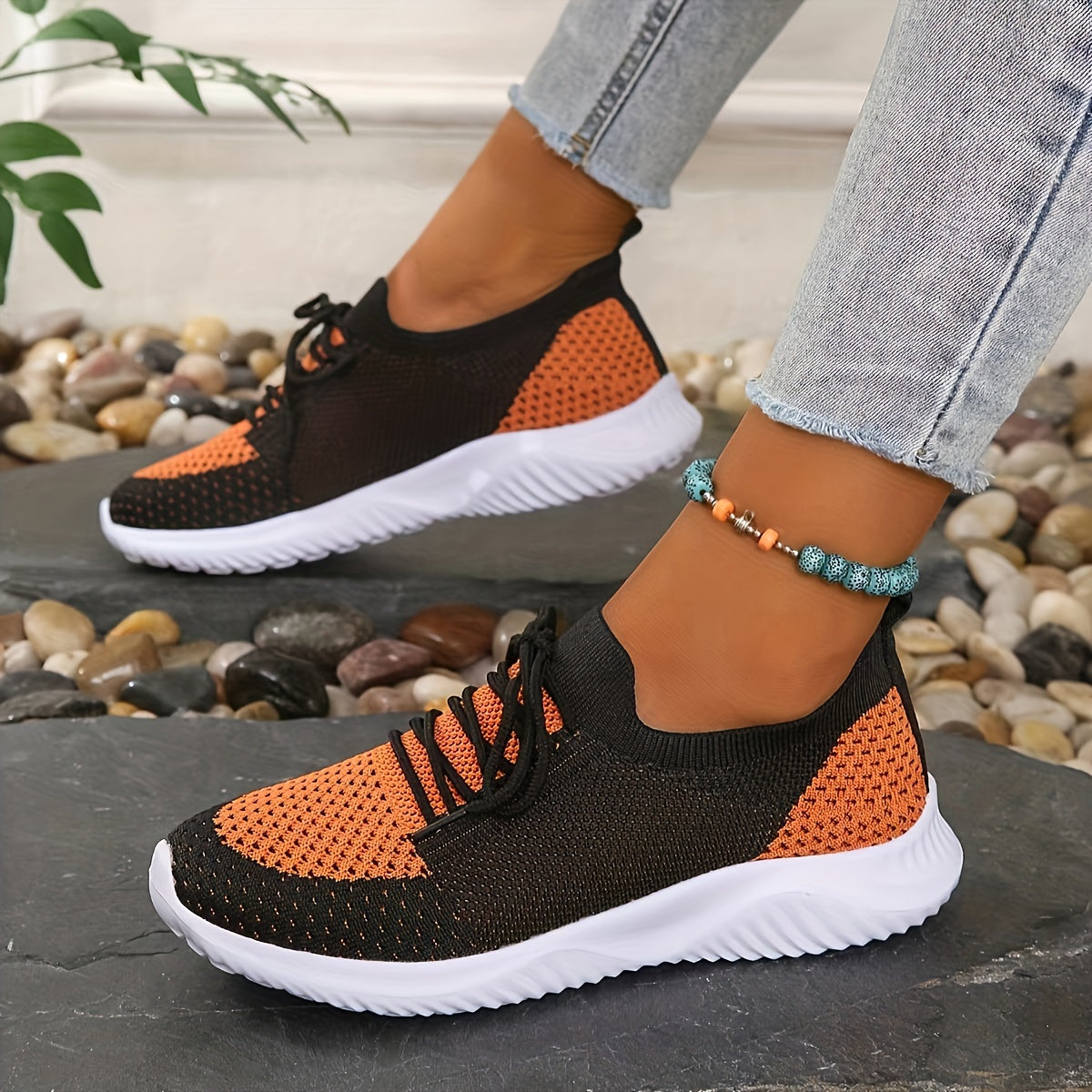 Women's Breathable Knit Sneakers Lightweight Non-Slip Casual Black Red