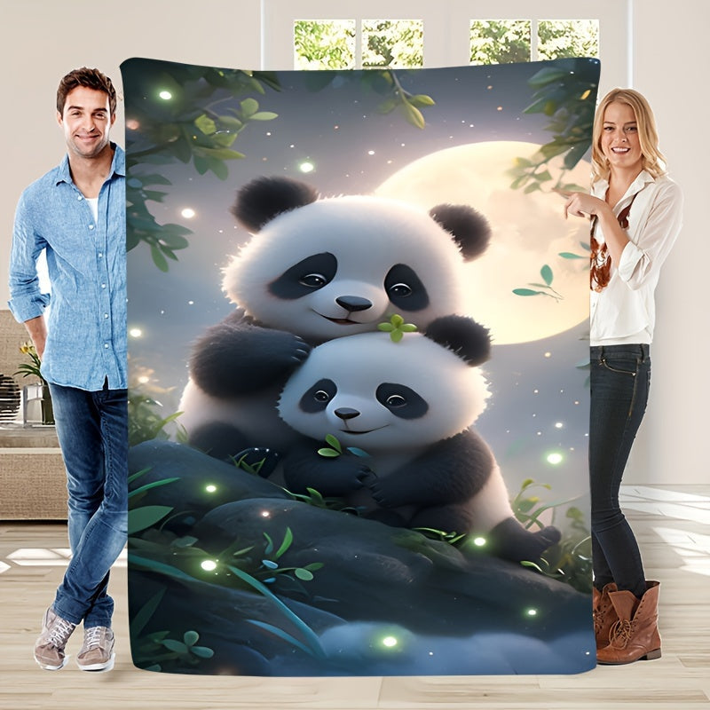 Cozy Flannel Blanket with Panda Print for Sofa Bed Outdoor Camping All Seasons