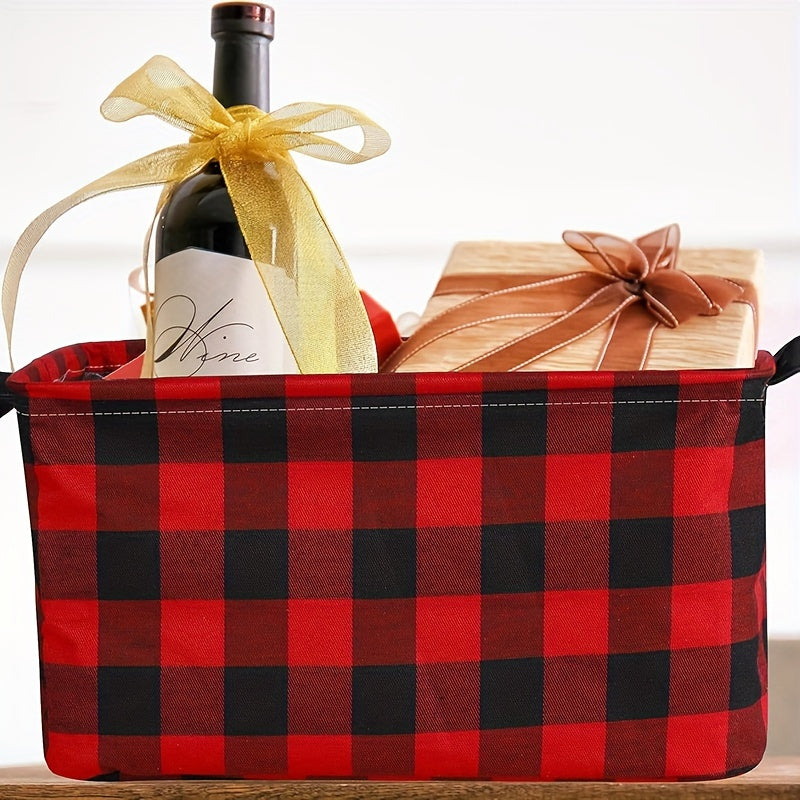 Plaid Christmas Gift Basket Storage Box with Handles for Home or Office Red Black