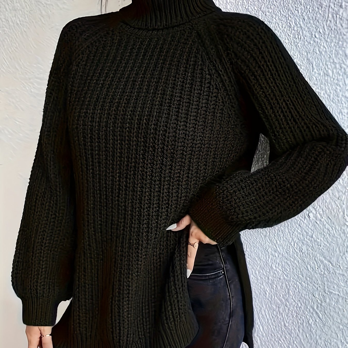 Suéter de punto de cuello alto para mujer talla grande de manga larga, casual para otoño e invierno