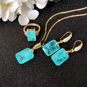 Women Jewelry Set Paraiba Blue Necklace Earrings Ring Elegant Textured Accessories