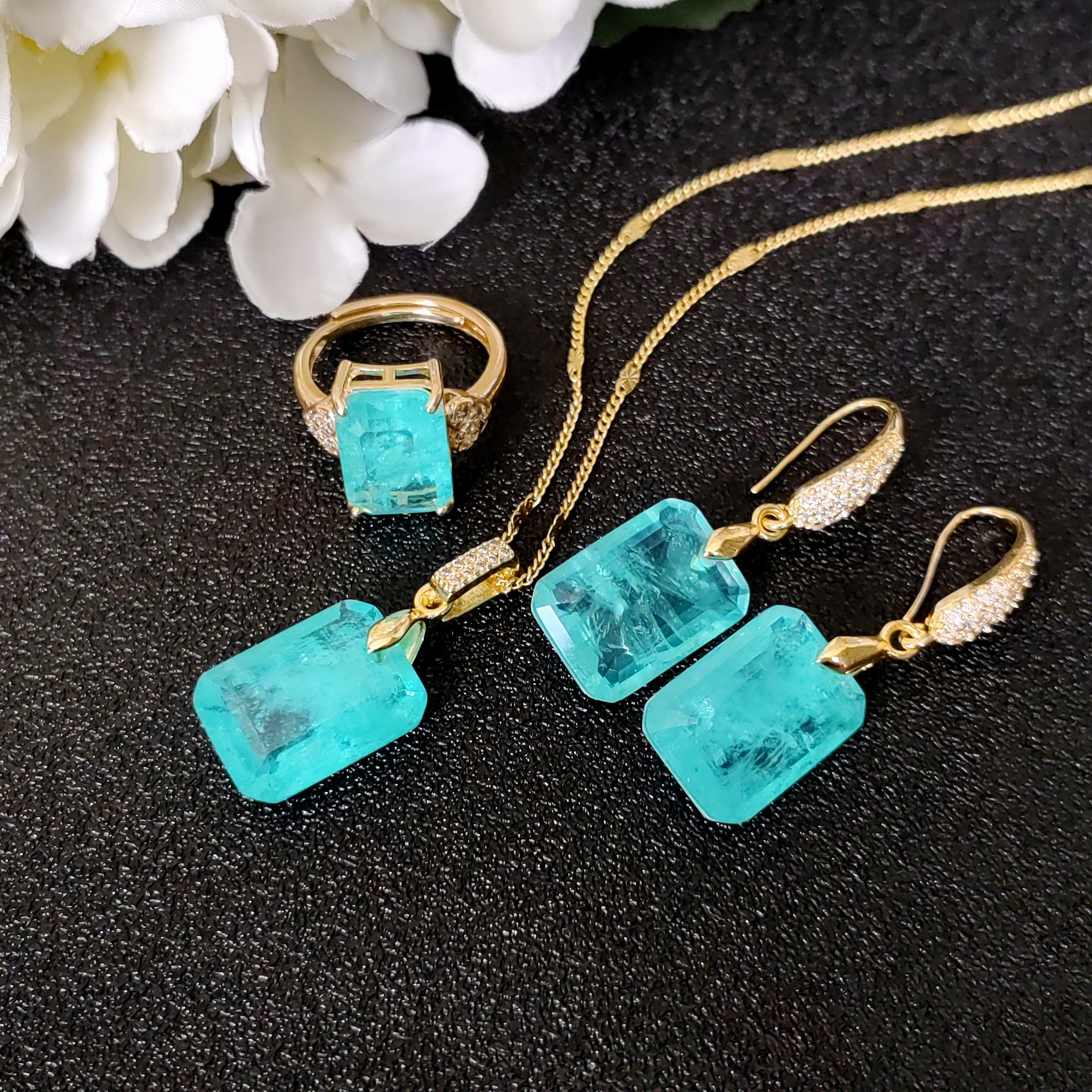 Women Jewelry Set Paraiba Blue Necklace Earrings Ring Elegant Textured Accessories