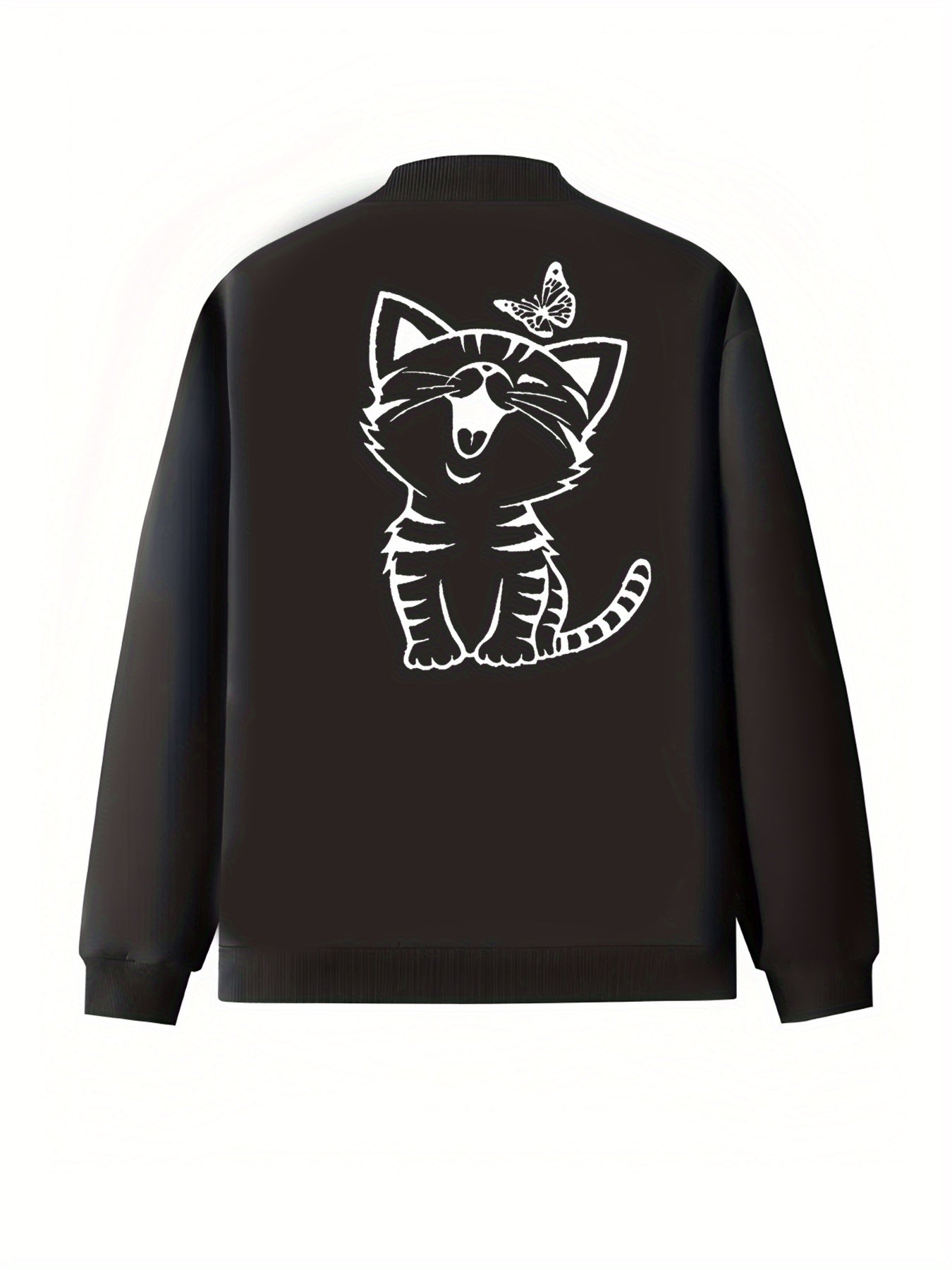 Plus Size Women's Casual Cat Print Baseball Collar Jacket Black White All-Season