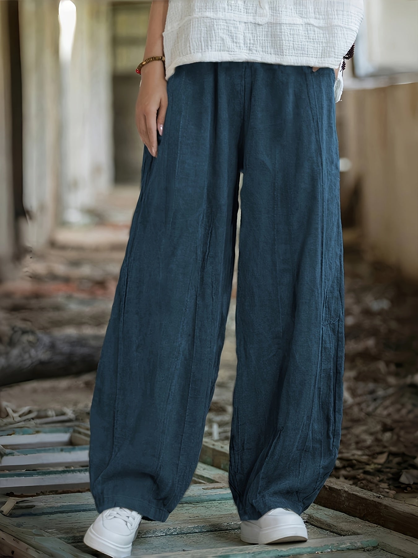 Women’s Plus Size Wide Leg Pants Olive Green Casual Trousers Pockets