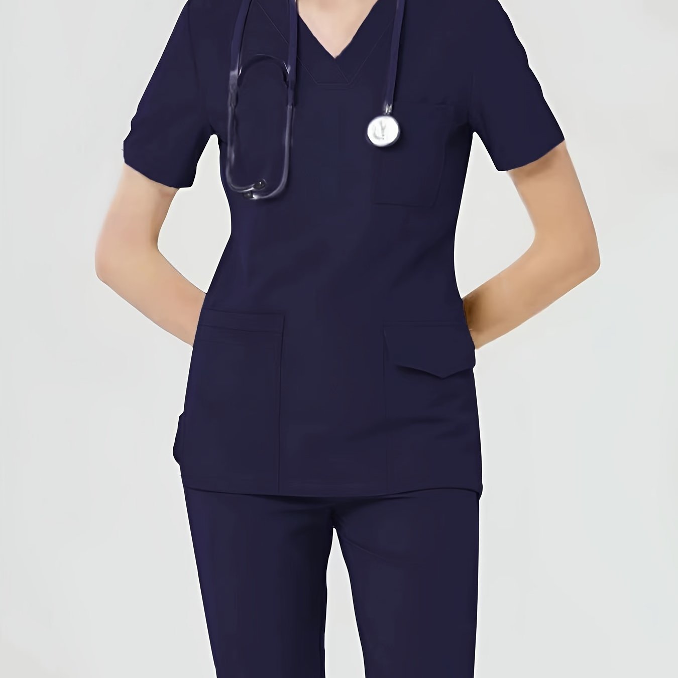 Women's Health Care Uniform Set V-Neck Top with Pockets and Solid Pants