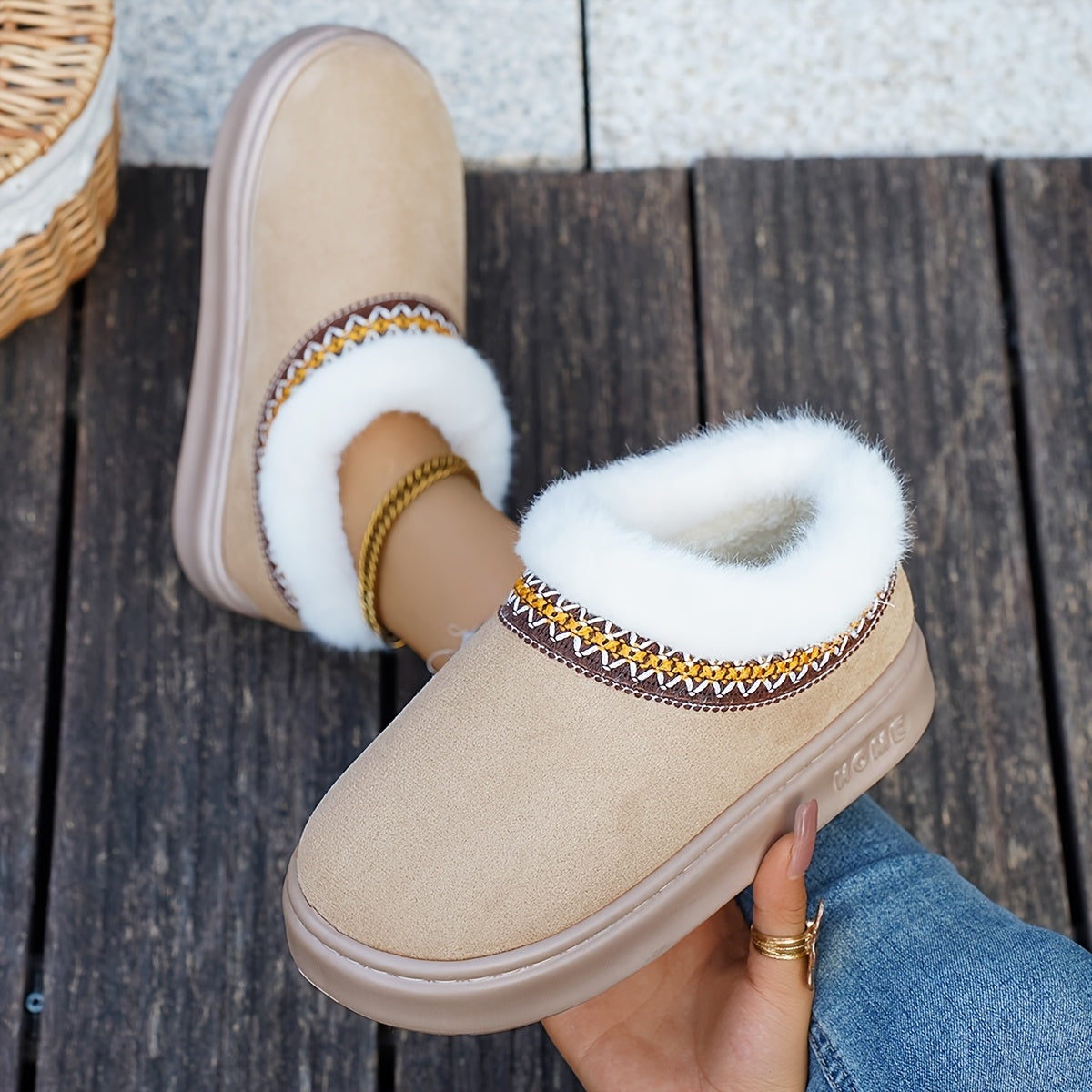 Women Cozy Fleece Lined Slippers Warm Brown Indoor Slip-Ons