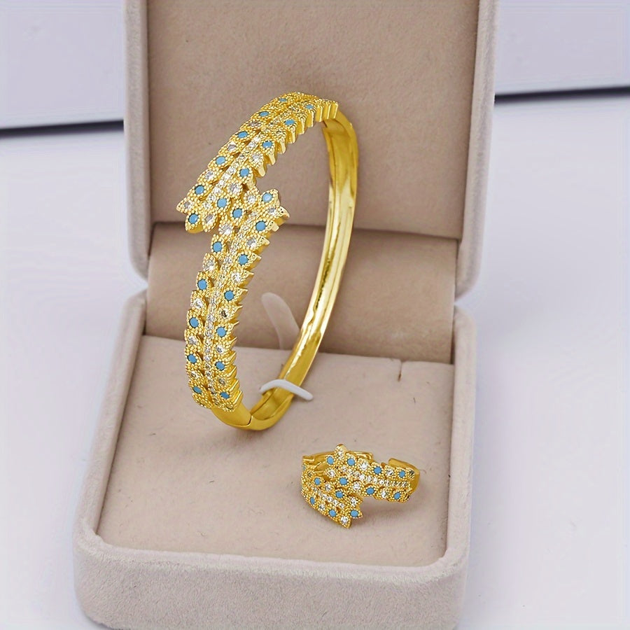 Women's Jewelry Set Zirconia Leaf Ring and Bangle Bridal Mother's Day Summer