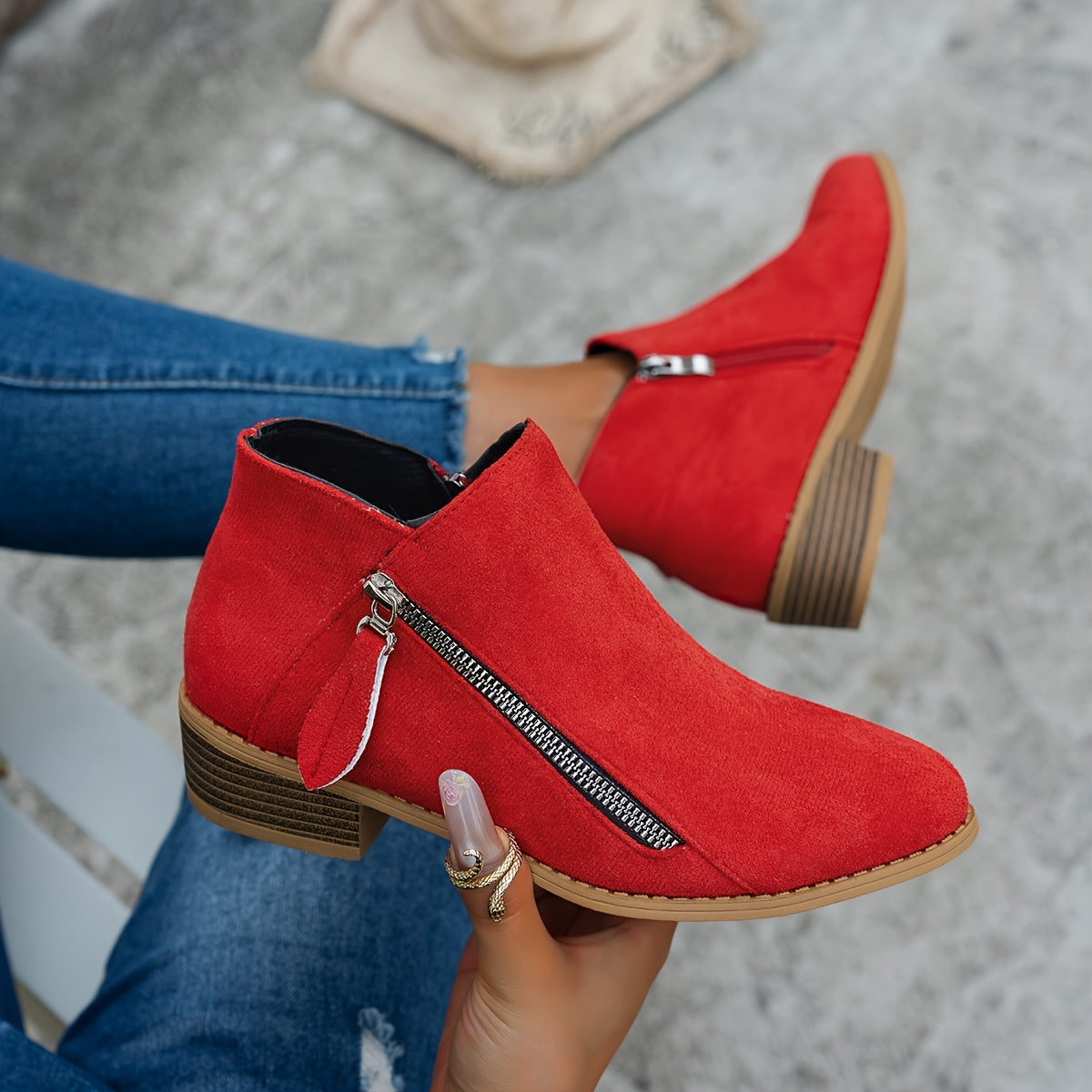 Women's Faux Leather Chelsea Ankle Boots with Chunky Heel and Side Zipper