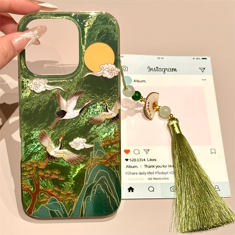 Vortex Pattern Mountain Cloud Crane Phone Case for iPhone 11-16 Pro Max TPU Tassel