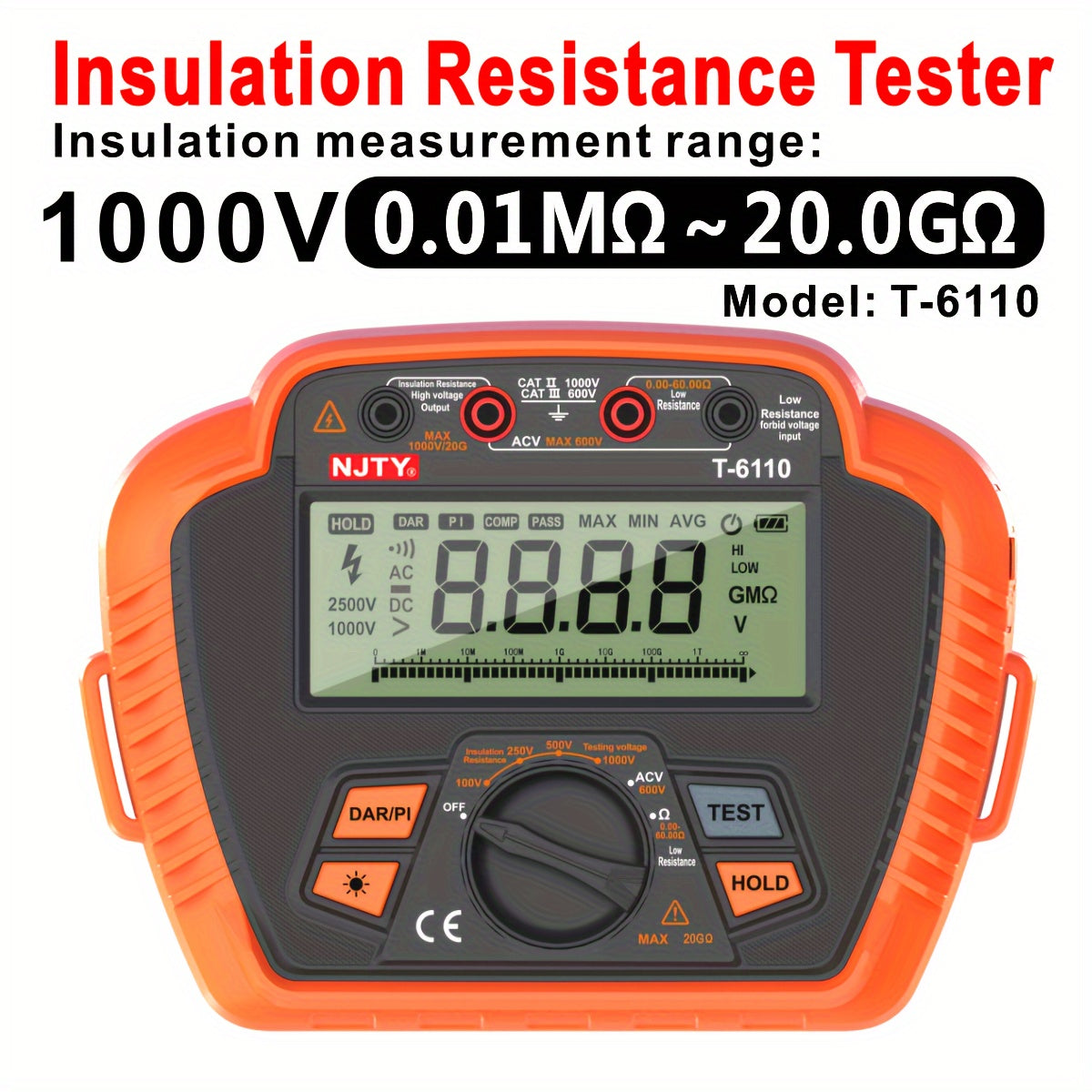 Digital Insulation Resistance Tester 1000V/2500V Portable Megohmmeter with Backlit LCD