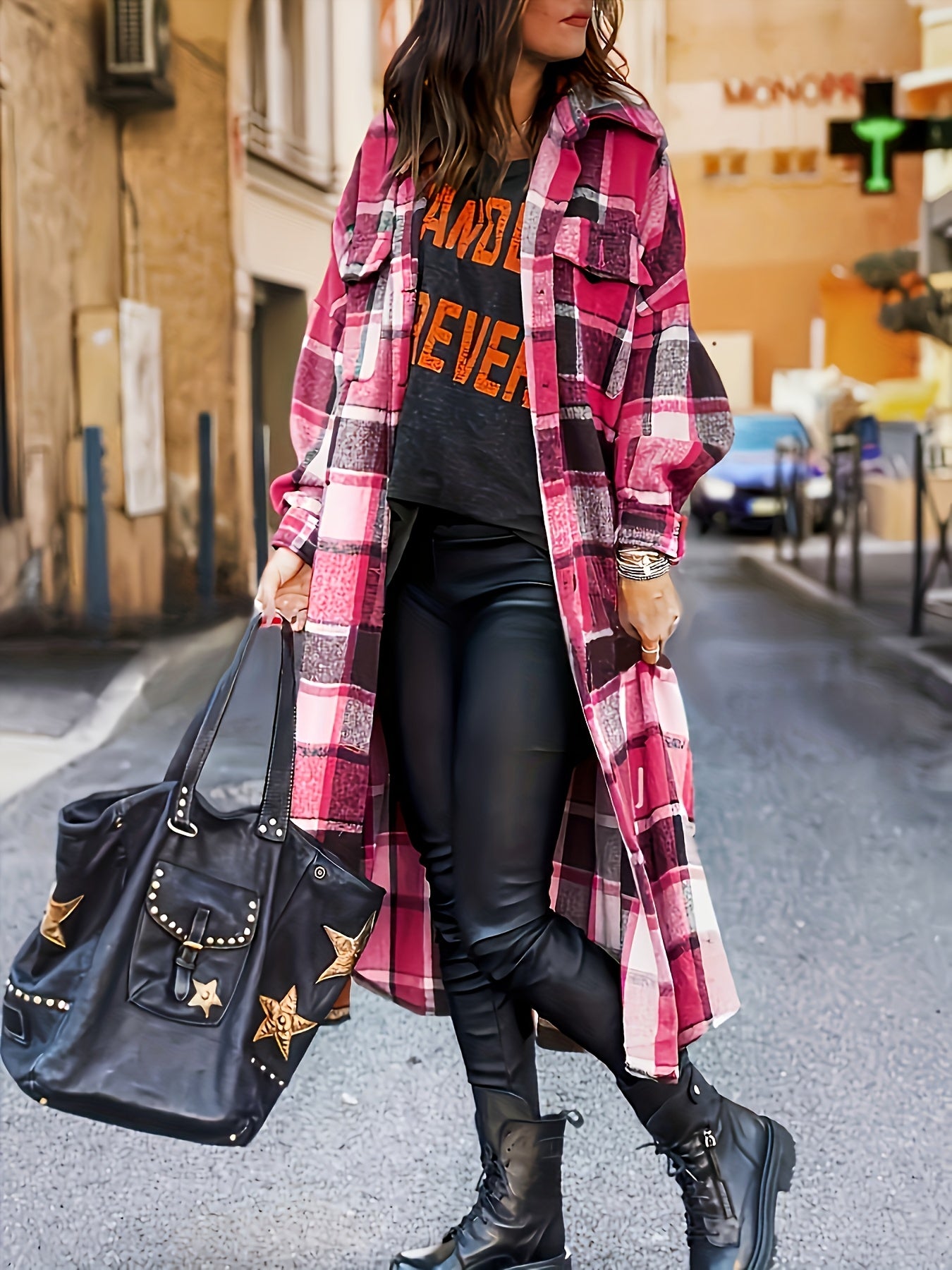 Plus Size Plaid Trench Coat with Side Slits Lapel Collar Fleece Blend Casual Outerwear