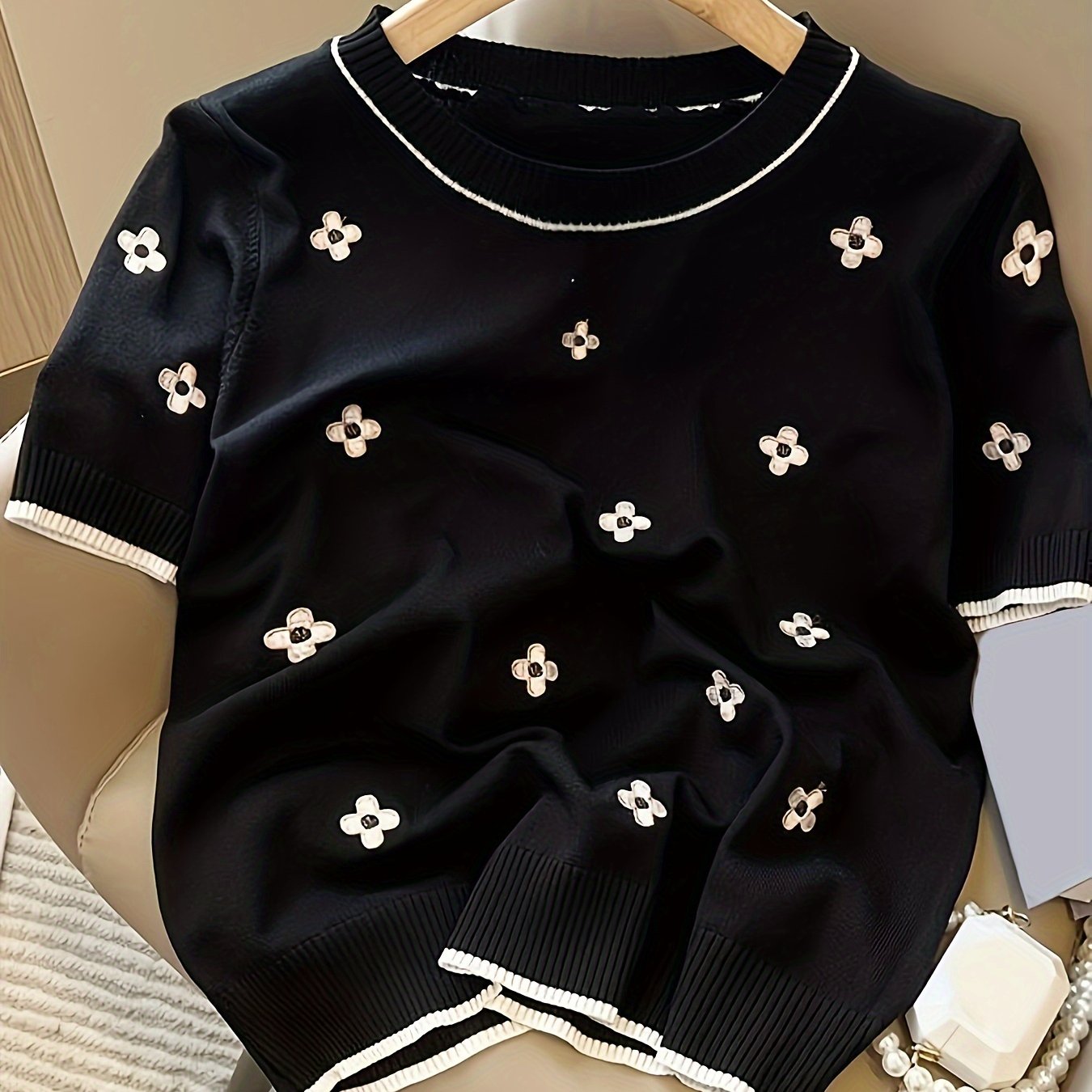 Женский свитер с цветочной вышивкой и круглым вырезом, весна-лето, повседневный, вязаный материал