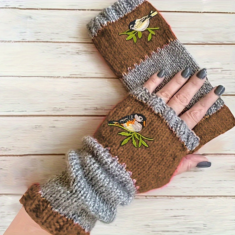 Warm Fingerless Gloves with Double Color Block Design and Hummingbird Embroidery