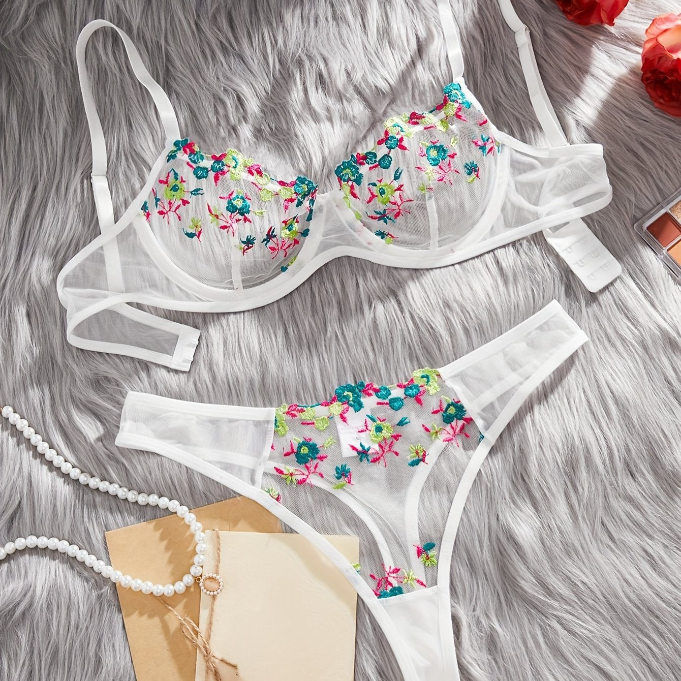 Women's Floral Embroidered Lingerie Set Polyester Knit Mesh Bra Drop Waist Briefs