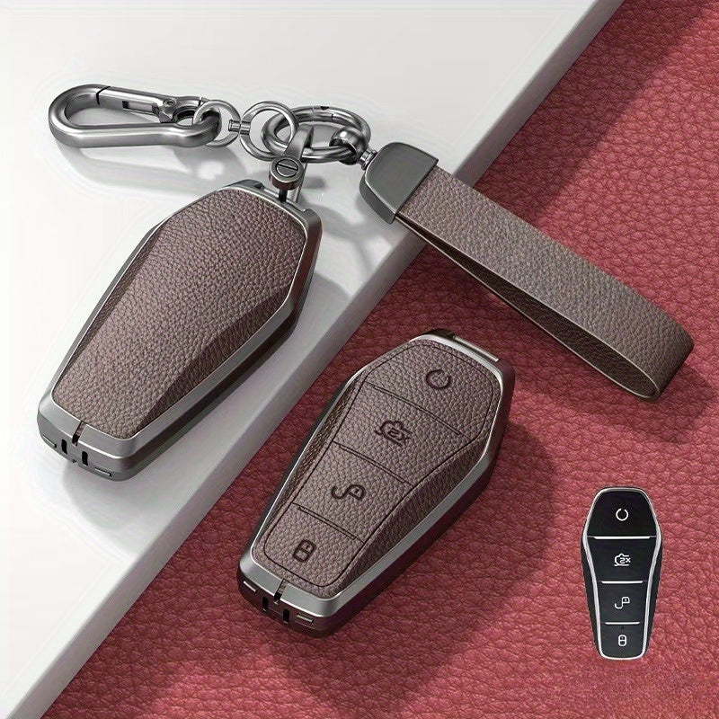 Universal Zinc Alloy PU Car Remote Key Fob Cover with Keychain for 4-Button Models
