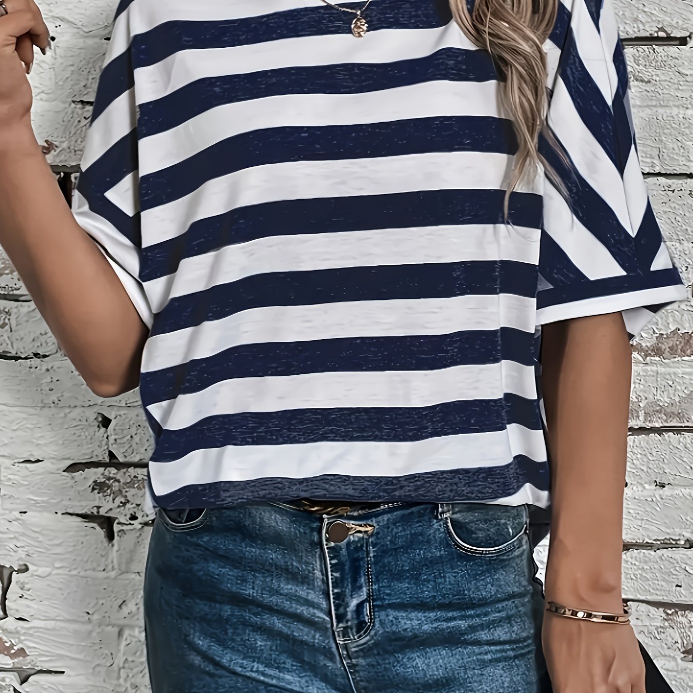 Women's Plus Size Striped Batwing Sleeve T-Shirt Polyester Casual Top