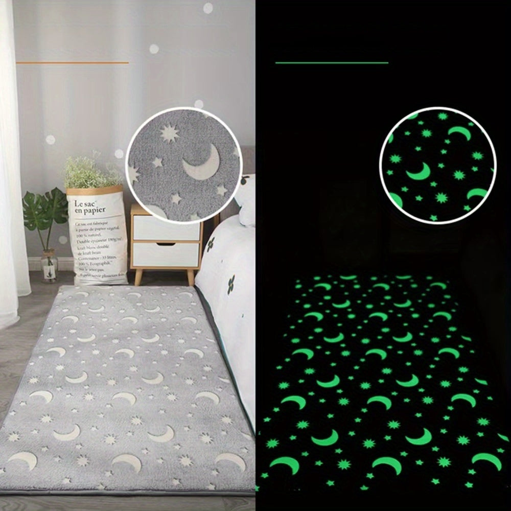 Alfombra de área de felpa luminosa y esponjosa con luna que brilla en la oscuridad y tapete de espuma viscoelástica para la cama