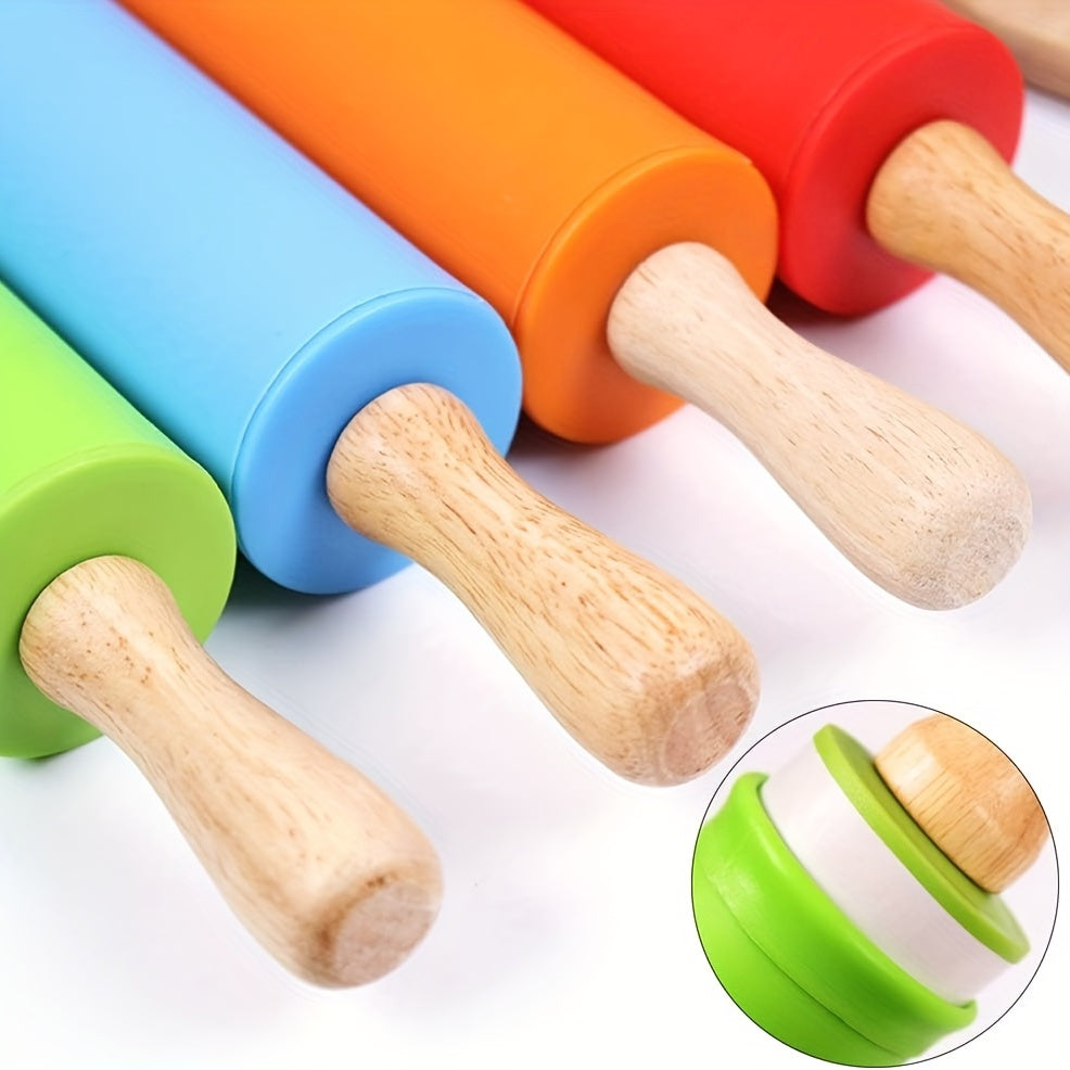Small Kids Rolling Pin with Wooden Handle and Non-Stick Silicone Dough Roller