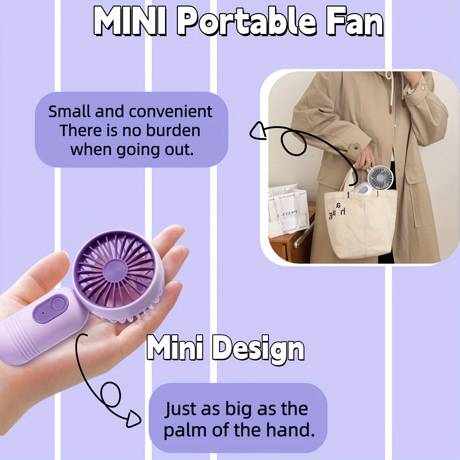 Portable Mini Fan USB Rechargeable 3 Speed Settings for Travel Outdoor Office