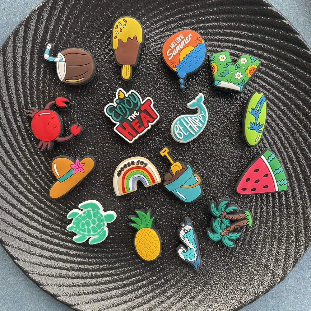 16pcs Summer Beach Shoe Charms PVC Turtle Palm Tree Fruit Sneakers Sandals