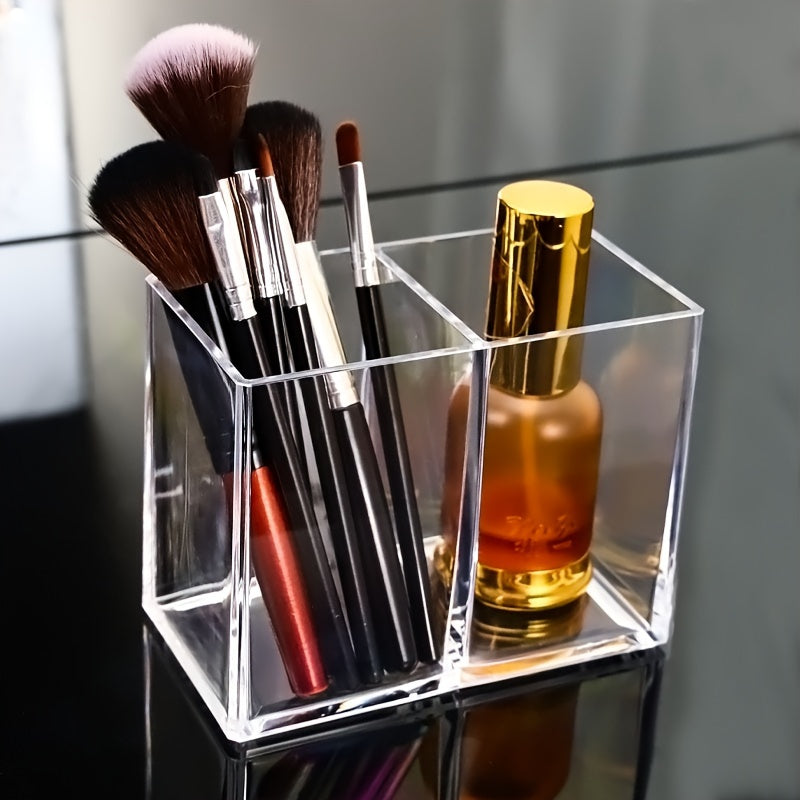 Organizador de soporte para brochas de maquillaje de acrílico con múltiples compartimentos para cosméticos y bolígrafos