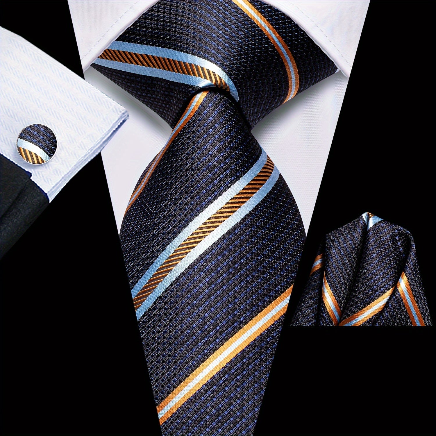 Men's Classic Striped Necktie Set with Cufflinks for Business and Party