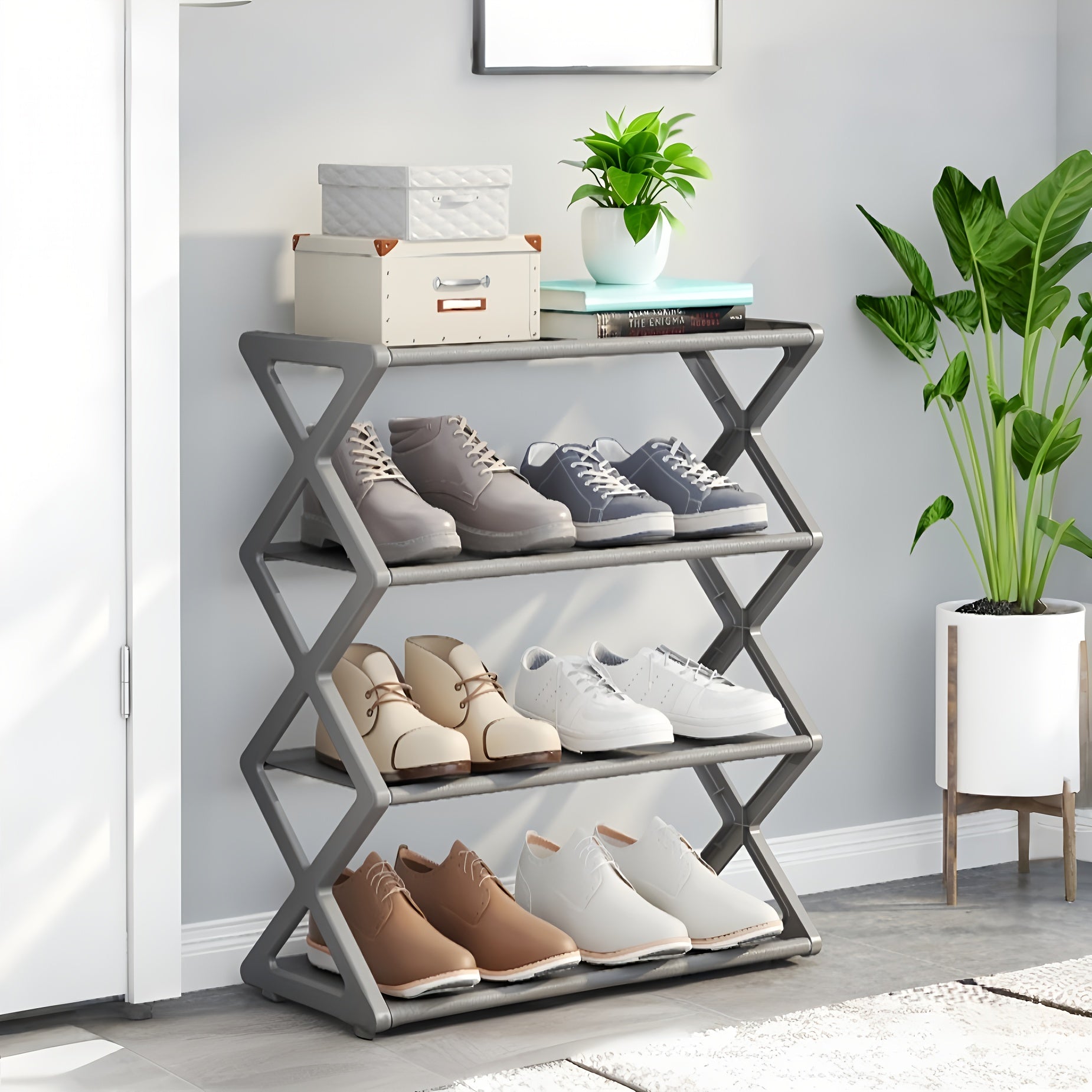 4-Tier Foldable Plastic Shoe Rack with 12-Pair Capacity Vintage Design Stackable No Assembly
