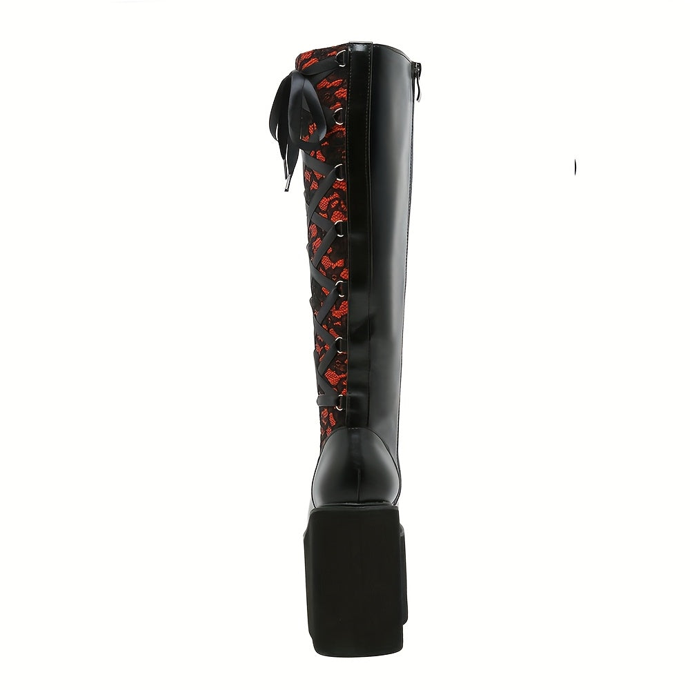 Women's Faux Leather Floral Lace-Up Knee-High Winter Boots Black Red Wedge