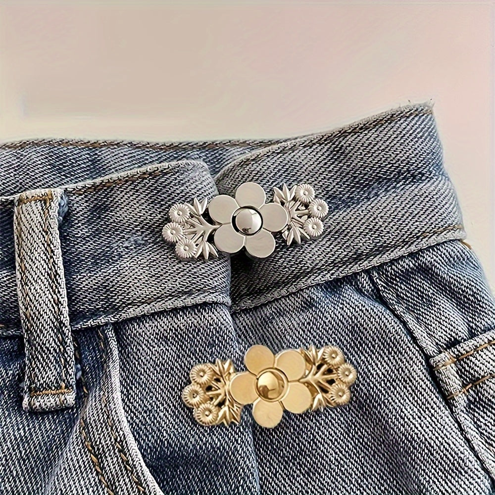 Juego de cuatro botones extensores de cinturilla de metal para vaqueros ajustables, ajustador de cintura de mezclilla con diseño floral