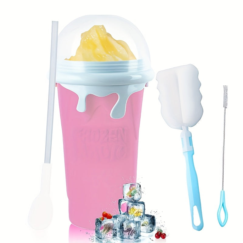 1 dona Silikon Slushy Cup Maker bilan qopqoq, quvur va cho'tkalar bilan - 16.91oz Ikki qatlamli tez muzlatish uchun siqish kubogi - dumaloq shakl, Oila va do'stlar uchun ideal sovg'a, yozgi ichimliklar uchun