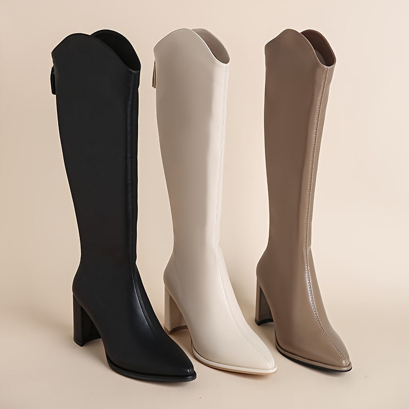 Women Mid-Calf Leather Pointed Toe Boots with Zipper Block Heel