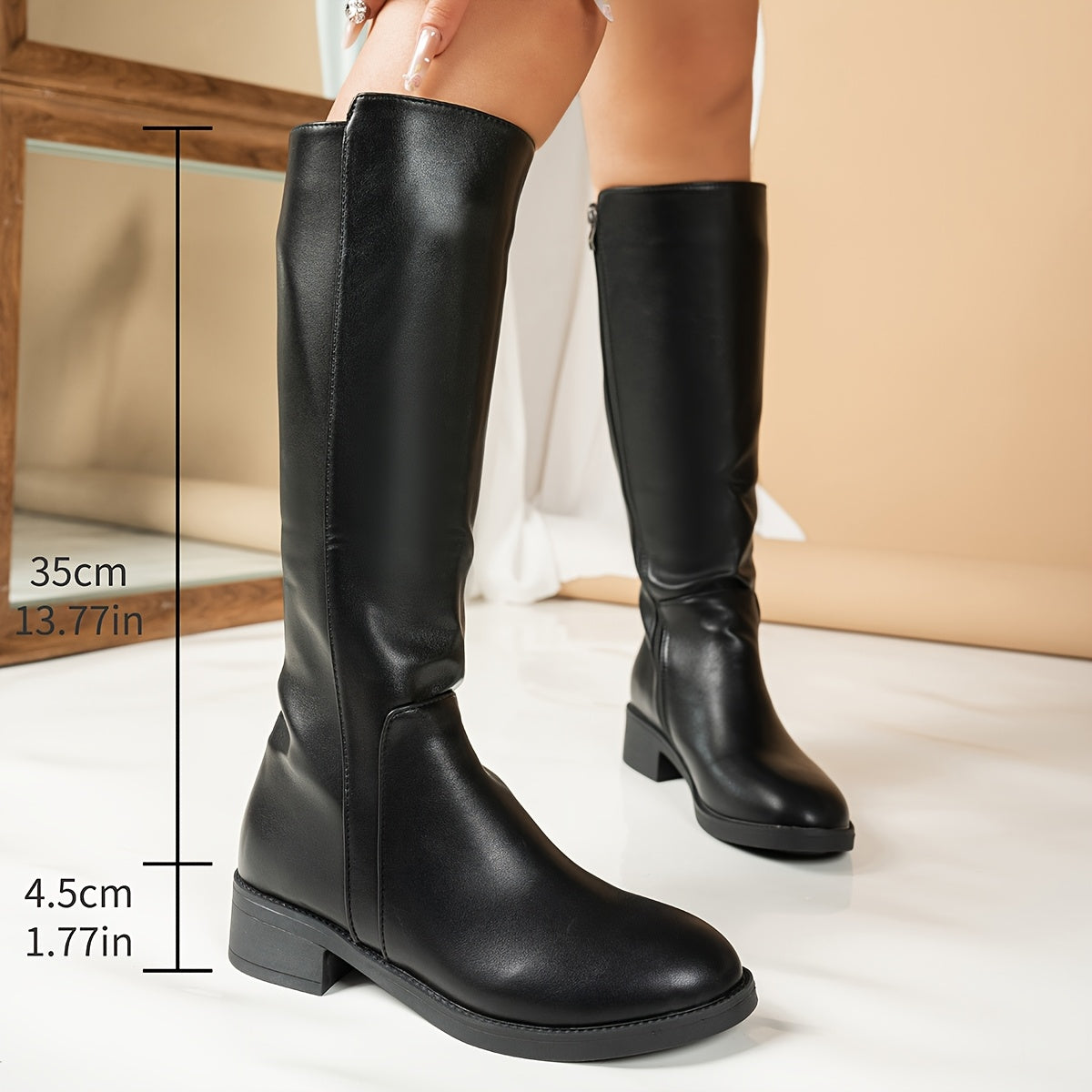 Women's Faux Leather Mid-Calf Boots Warm Winter Chunky Heel Black