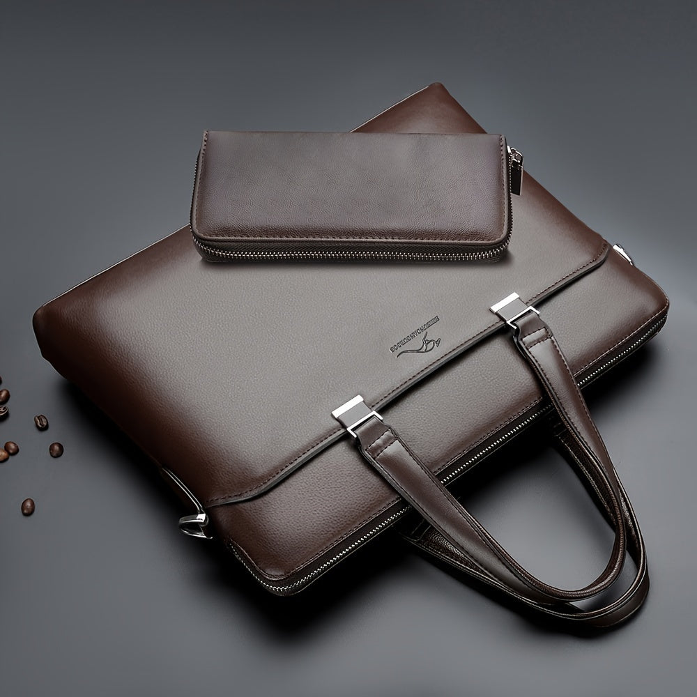 Men's Minimalist Black PU Leather Handbag Set with Computer Briefcase for Office