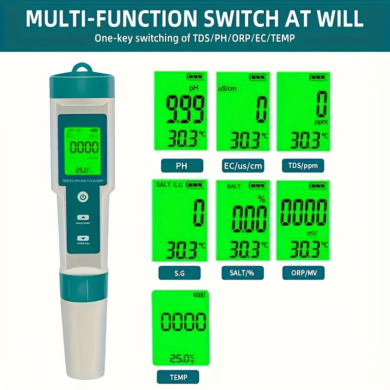 Water Quality Tester Pen with 7 Functions TDS pH ORP EC Temperature Salinity Specific Gravity LCD Backlight