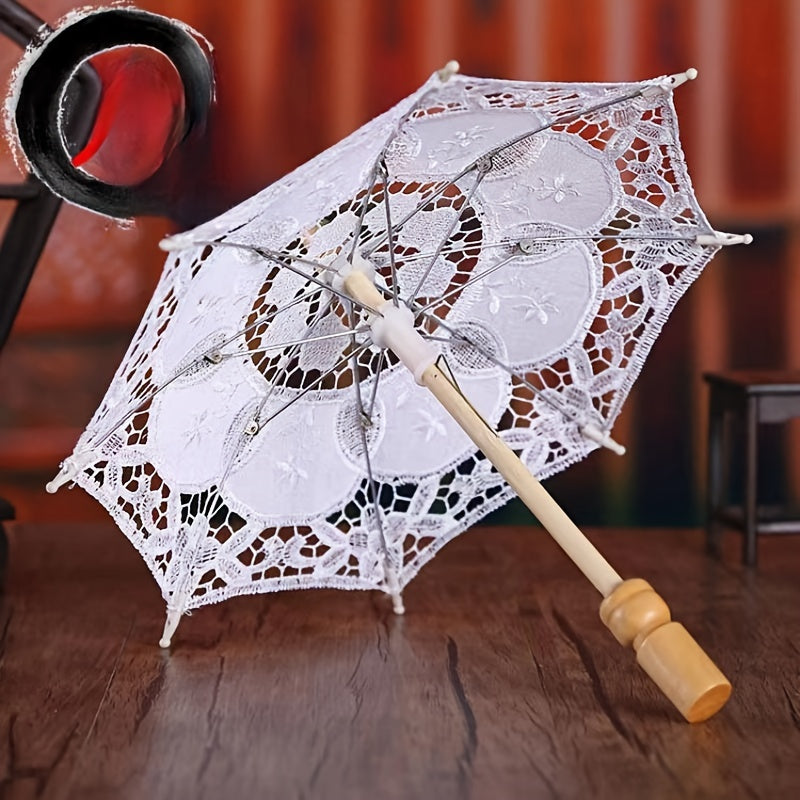 Embroidered Cotton Lace Bridal Umbrella with Wooden Handle for Weddings and Photography