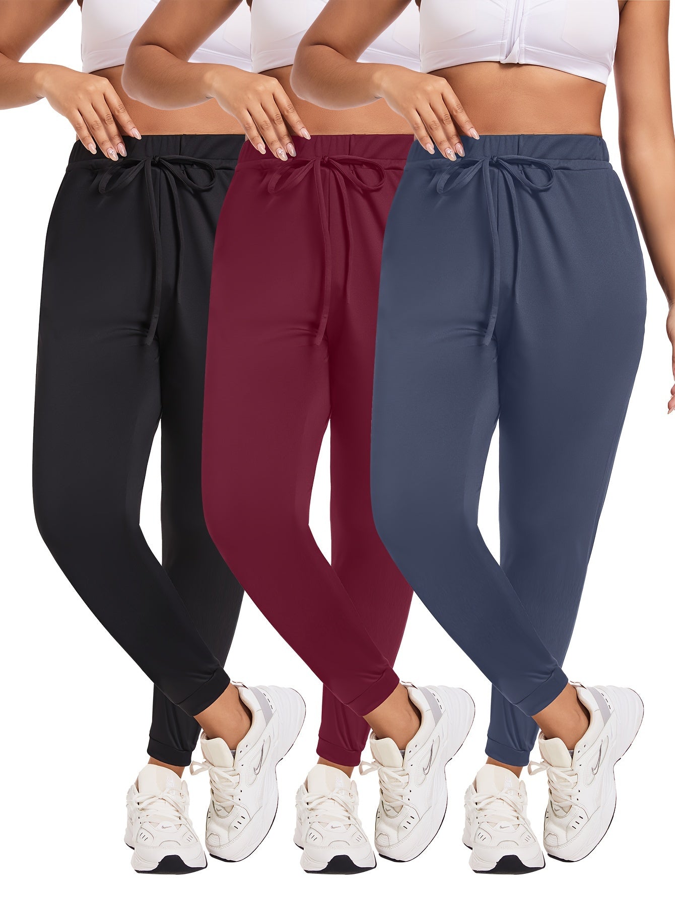 Женские джоггеры больших размеров, 3 шт., трикотажные, полиэстер с спандексом, повседневные, на шнурке