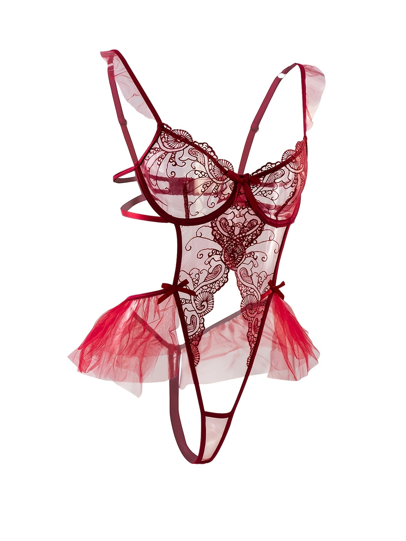 Women's Lingerie Body Suit with Embroidery Bow Hollow Design and Steel Ring Set