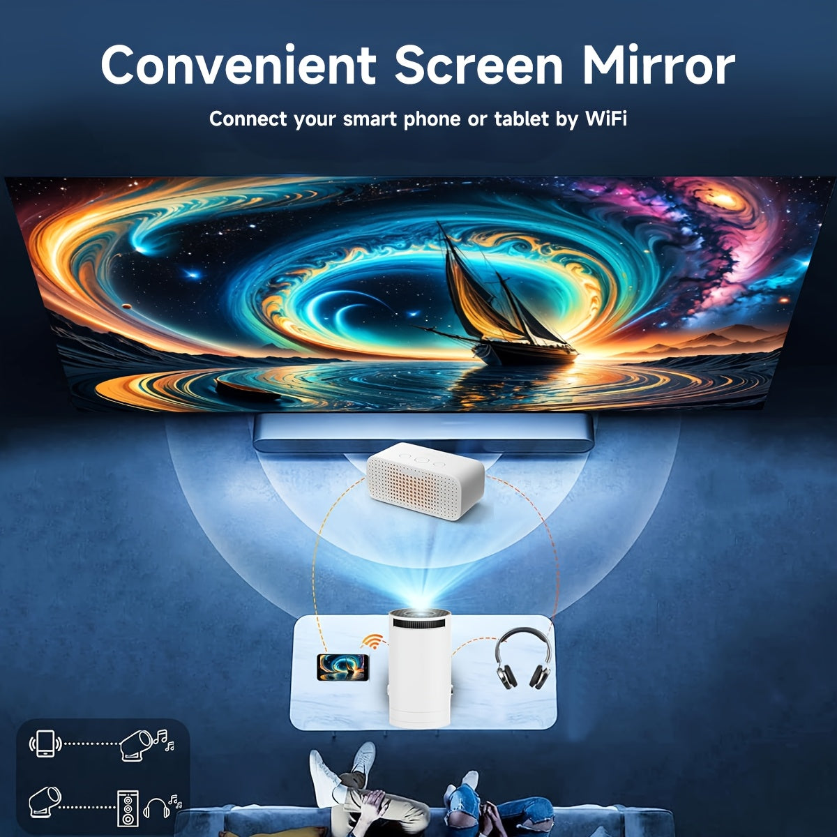 Portable Mini Projector Supports 1080P WiFi5.2 Bright Home Office