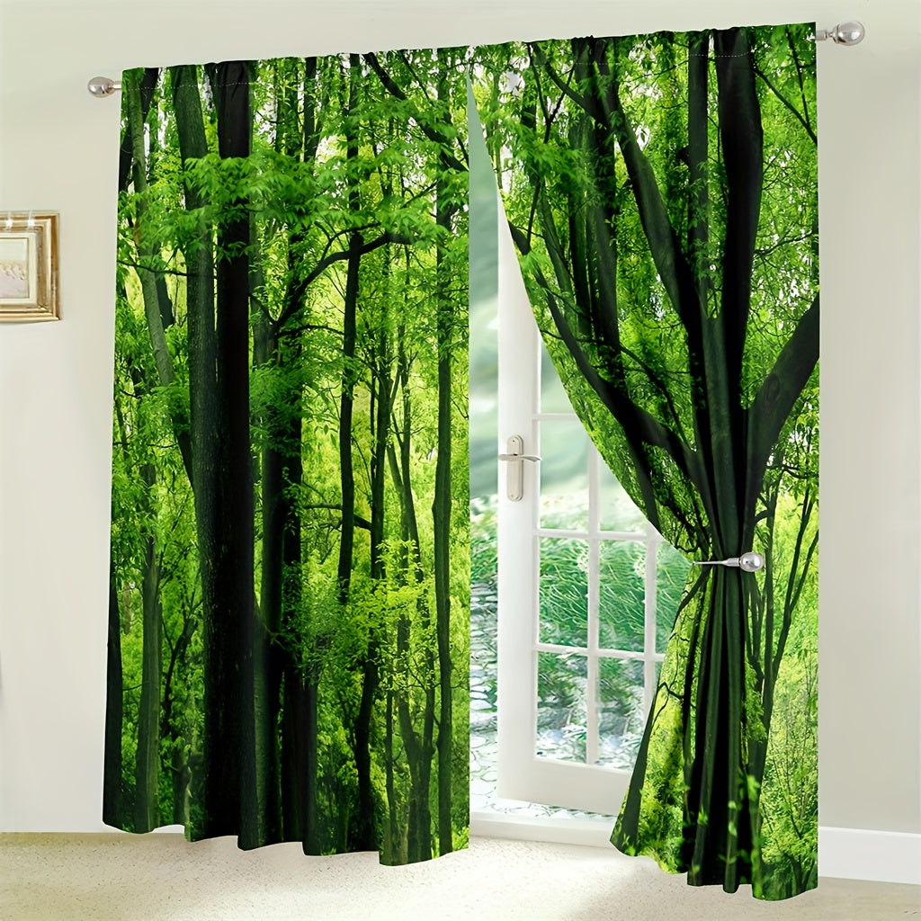 Set of 2 Forest Green Tree Curtains Jungle Branches Nature Scenery Window Treatment