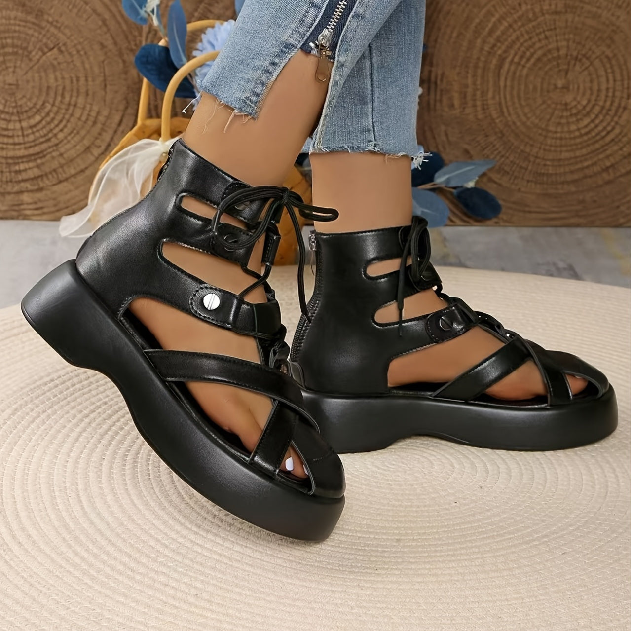 Women's Black PU Lace-Up Roman Sandals with Thick Sole and Mid-Heel