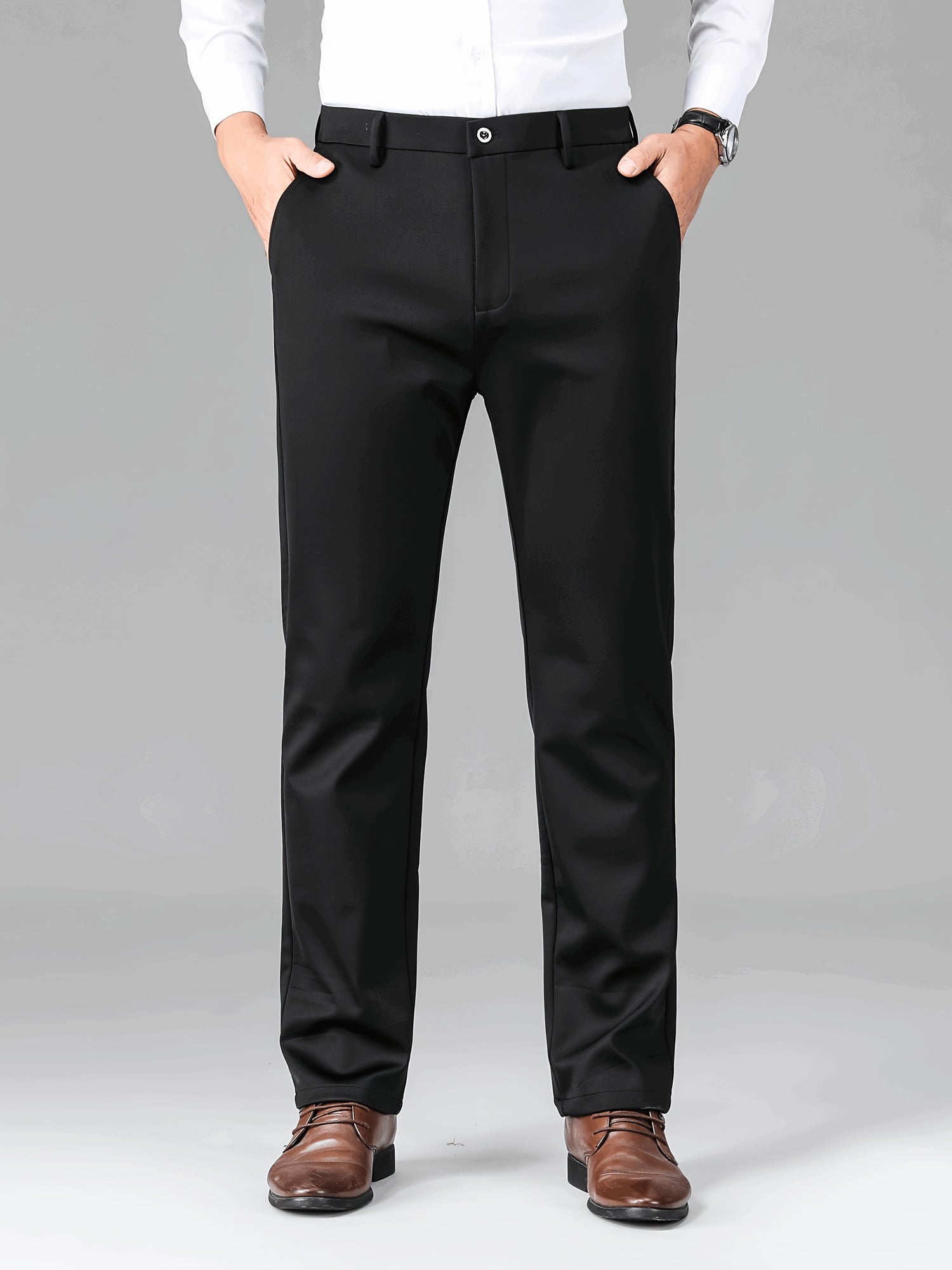 Pantalones de vestir semi-formales negros para hombre, tela elástica resistente a las arrugas, con bordado de insignia, para todas las estaciones, casual de negocios