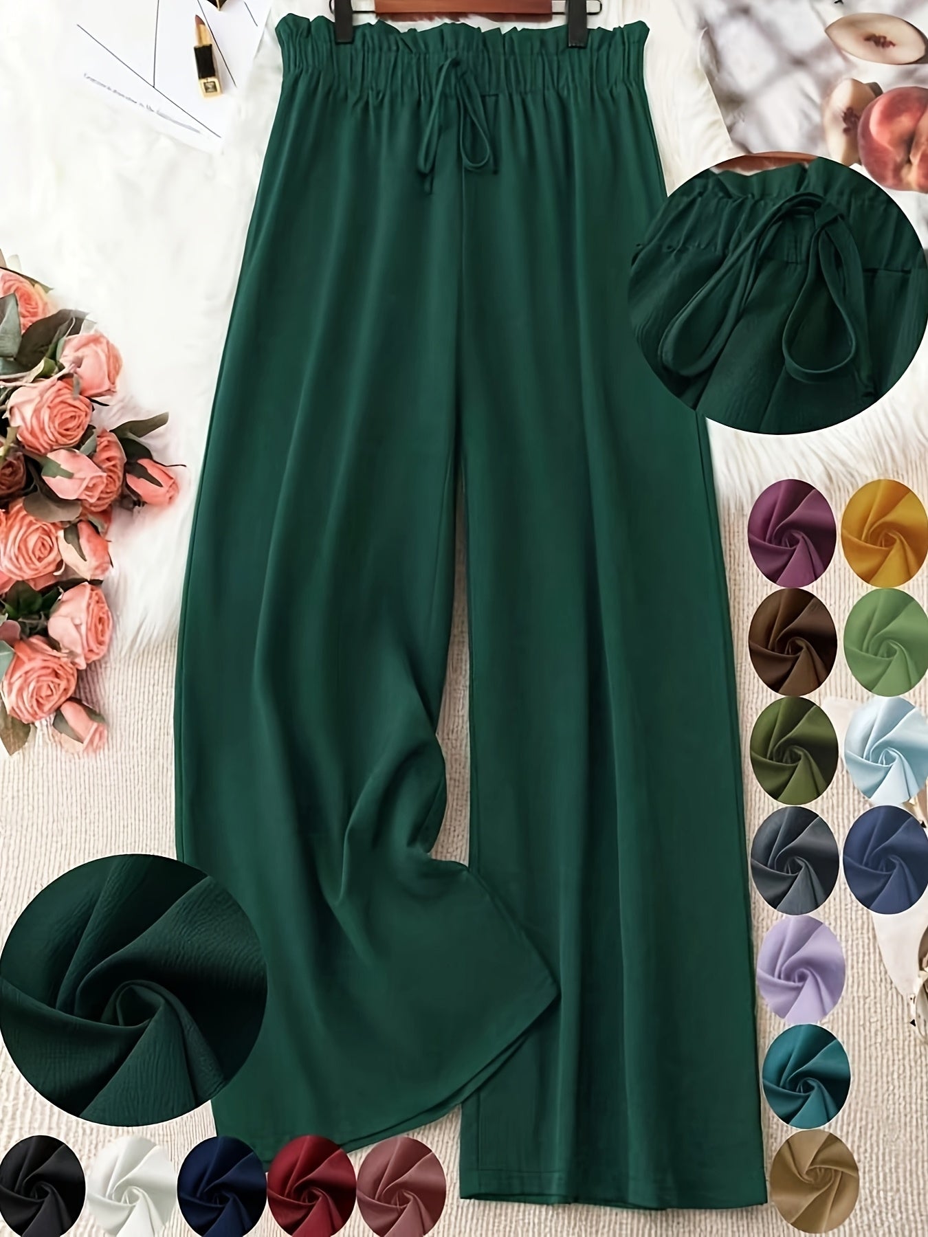 Pantalones de mujer de talla grande de pierna ancha, tela no elástica, cintura ajustable, pantalones casuales