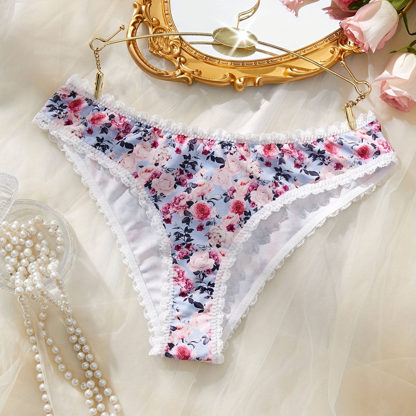 Women's Floral Print Lace Trim Panties Mid-Rise Breathable Polyester Blend